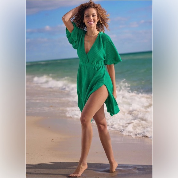 VENUS Teal Green V-Neck Waffle print Dress NWOT S Coverup - Picture 1 of 16